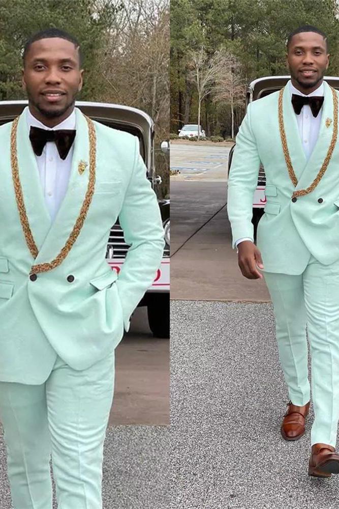Mint Green Fashion Style Shawl Lapel Double Breasted Wedding Suit with Appliques by Conor-BallBride