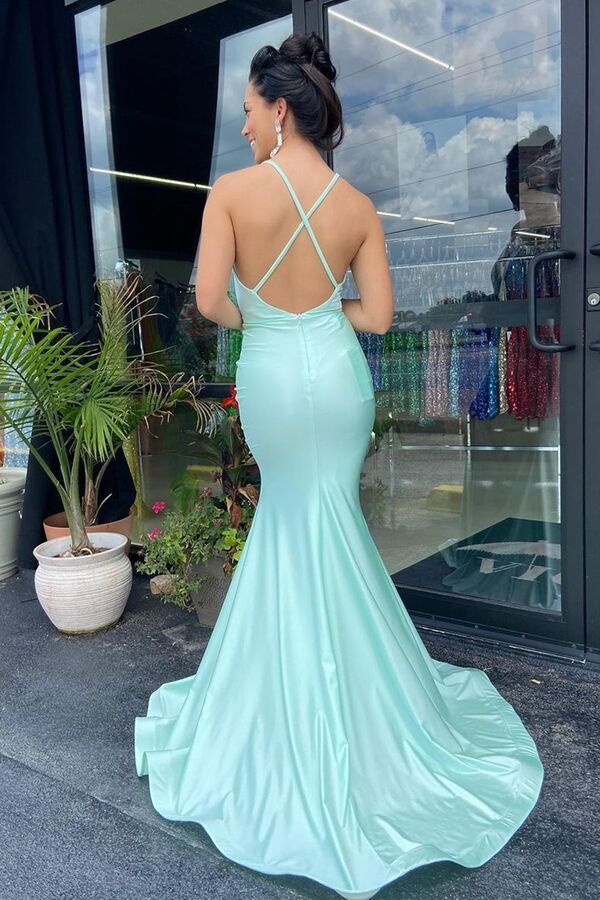 Mint Green V-Neck Mermaid Prom Dress - Sleeveless Split Long-BallBride