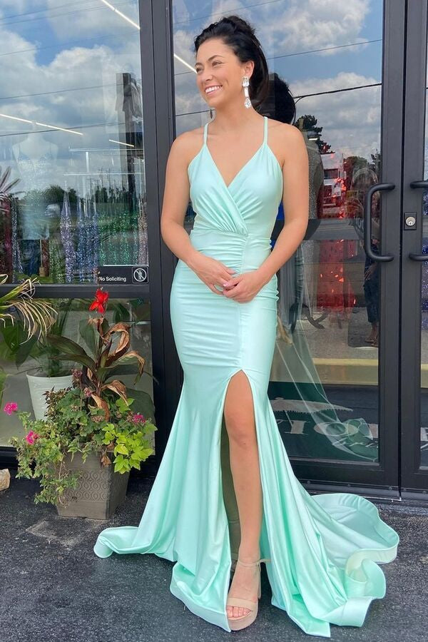 Mint Green V-Neck Mermaid Prom Dress - Sleeveless Split Long-BallBride
