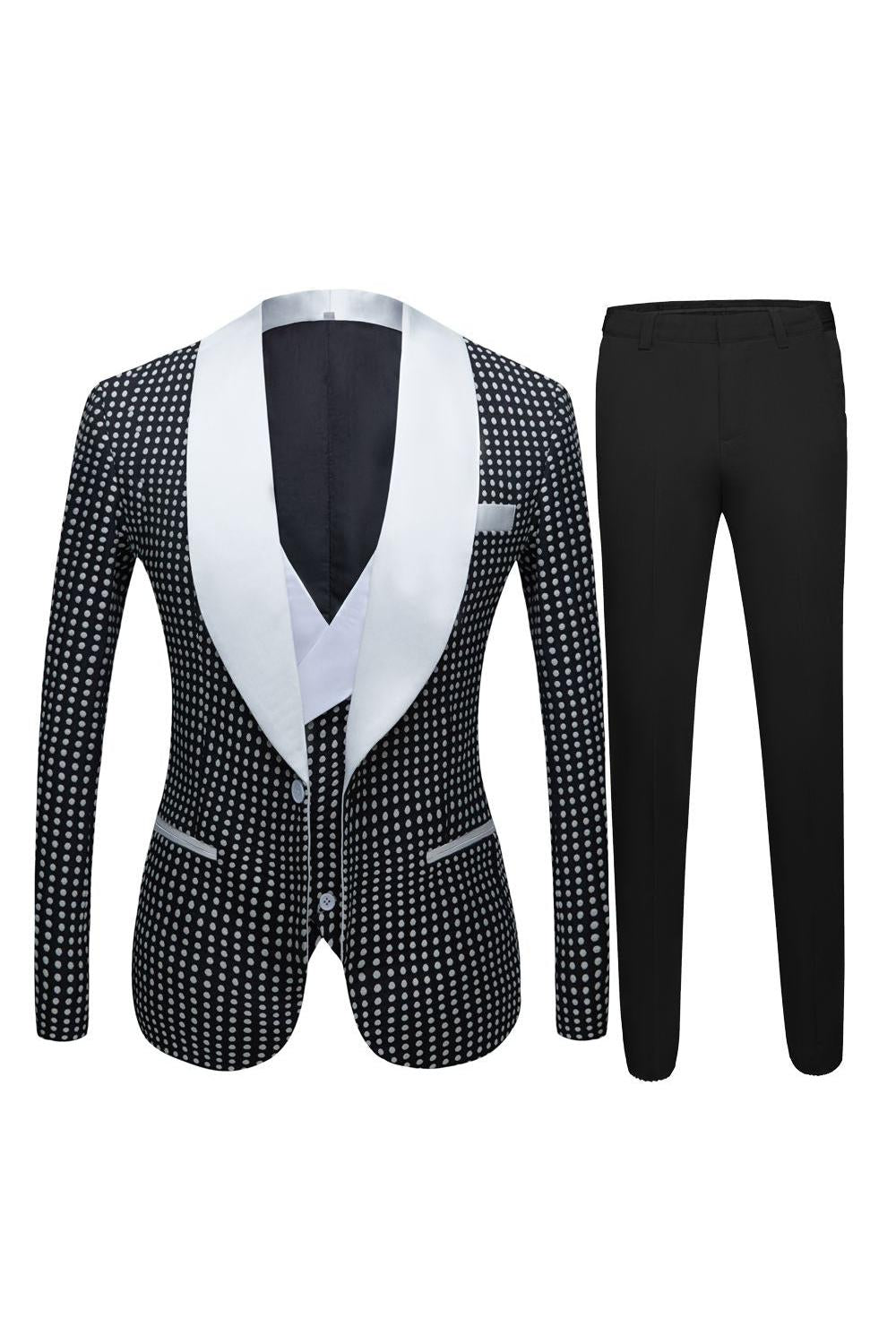 Modern Black Dot Slim Fit Shawl Lapel Wedding Suit For Men-BallBride