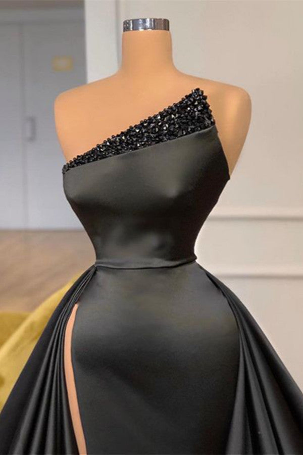 Modern Black Strapless Crystal Soft Satin Prom Dress-BallBride
