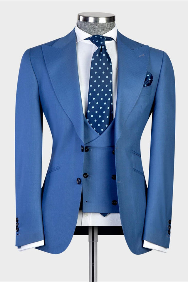 Modern Blue 3-piece Peaked Lapel Men Suit - Business Look-BallBride