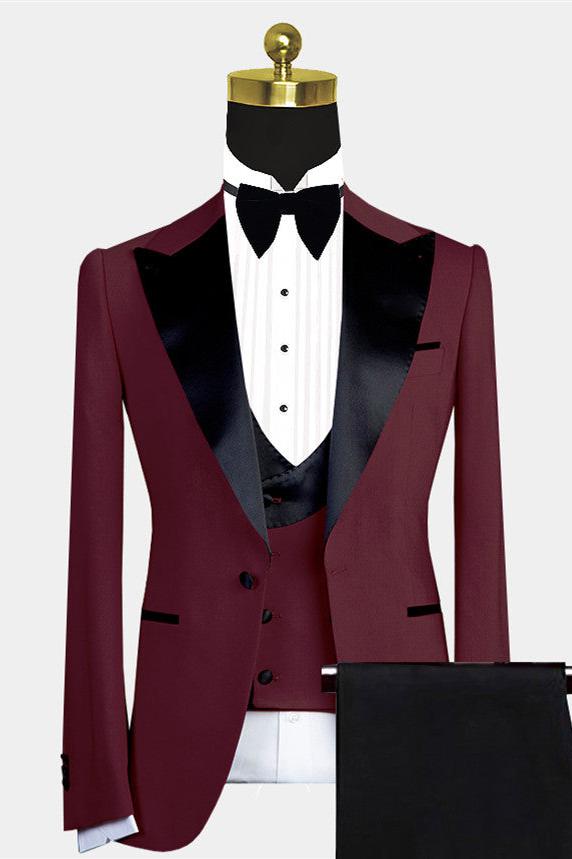 Modern Burgundy Slim Fit Wedding Suit For Men With Black Lapel-BallBride