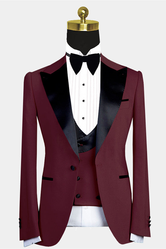 Modern Burgundy Slim Fit Wedding Suit For Men With Black Lapel-BallBride