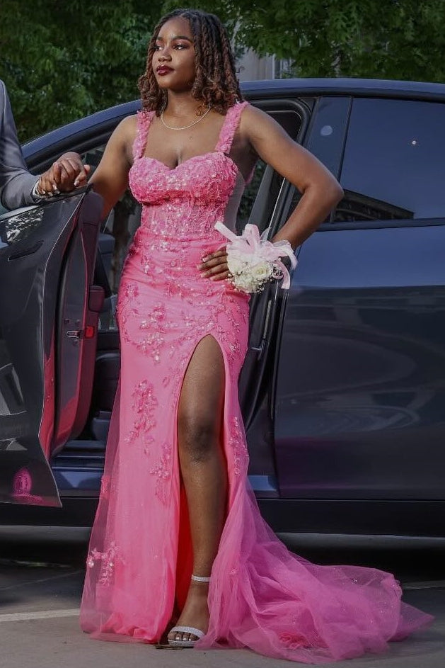 Modern Candy Pink Straps Tulle Appliques Side Slit Prom Dress-BallBride