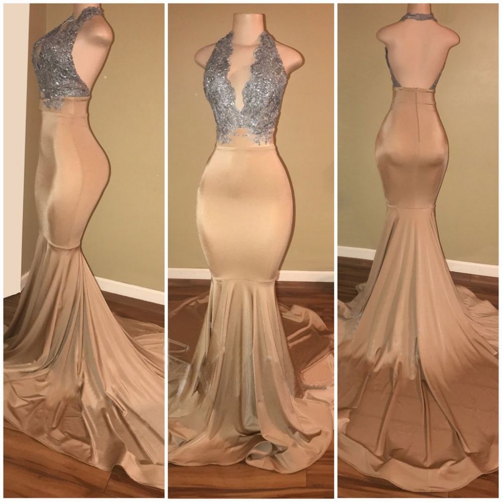 Modern Champagne Appliques Mermaid Halter Backless Prom Dress-BallBride