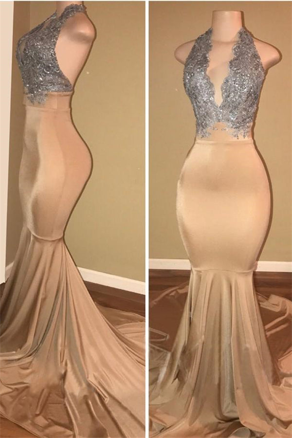 Modern Champagne Appliques Mermaid Halter Backless Prom Dress-BallBride