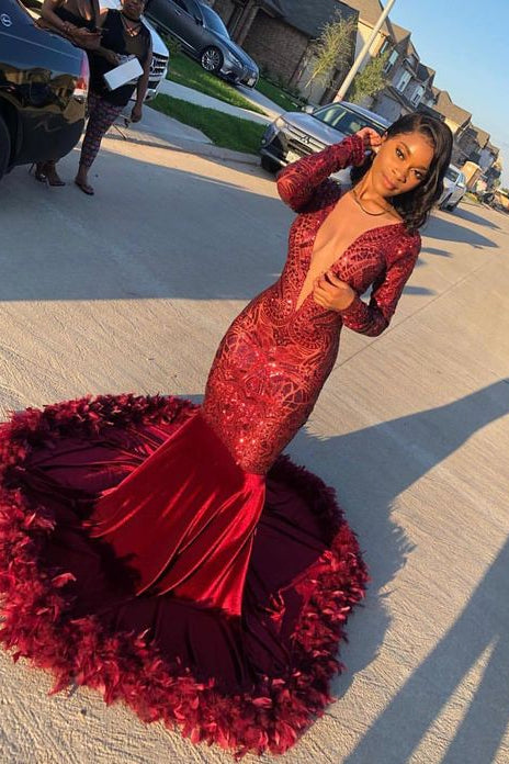 Modern Deep V-Neck Long Sleeves Mermaid Prom Dresses with Feather-BallBride