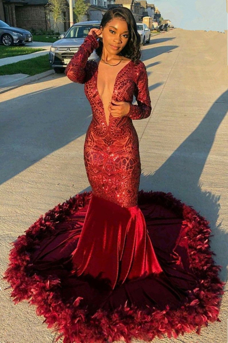 Modern Deep V-Neck Long Sleeves Mermaid Prom Dresses with Feather-BallBride