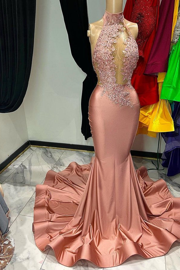 Modern Dusty Pink High Neck Sleeveless Mermaid Prom Dress with Lace Appliques-BallBride