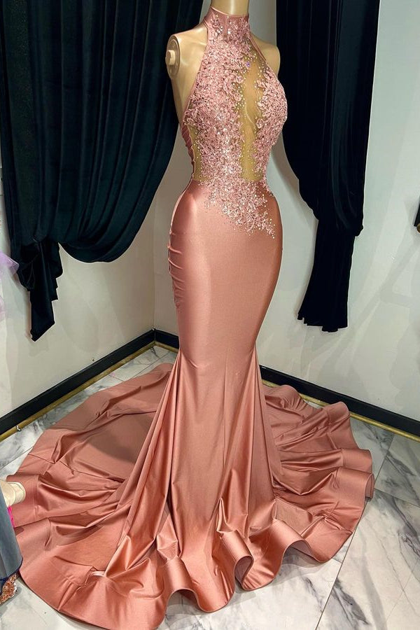 Modern Dusty Pink High Neck Sleeveless Mermaid Prom Dress with Lace Appliques-BallBride