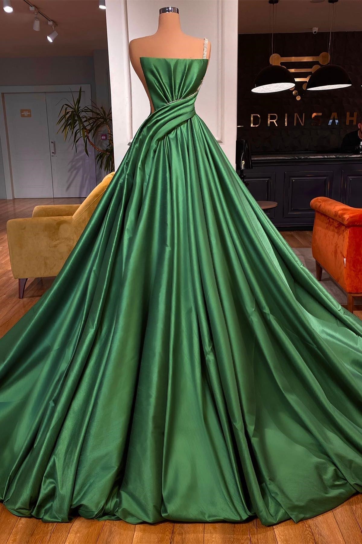 Modern Green A-Line One Shoulder Sleeveless Prom Dress-BallBride