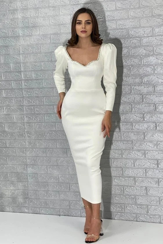 Modern Ivory Long Sleeves Evening Gowns Square Sheath-BallBride
