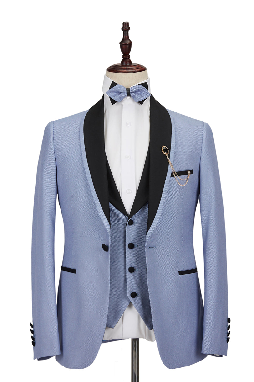 Modern Light Blue Stitching Black Shawl Lapel One Button Men's Formal Suit For Wedding Prom-BallBride
