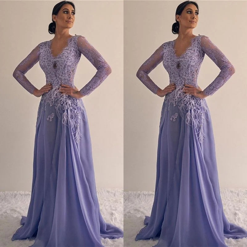 Modern Long Sleeves Long Evening Dress With Lace Appliques Chiffon Party Gowns-BallBride