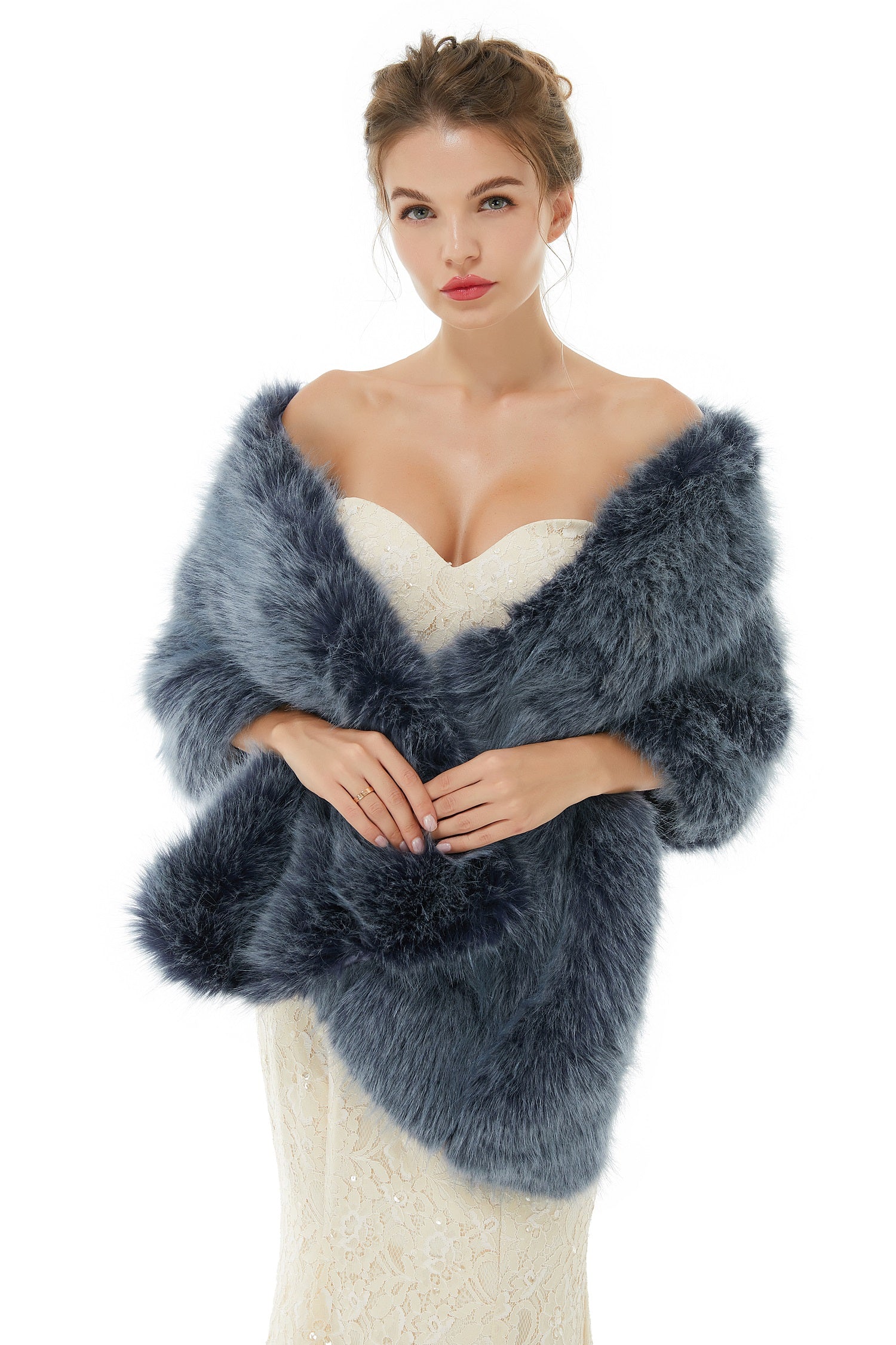Modern Navy Blue Faux Fur Shawl Wrap for Winter Brides-BallBride