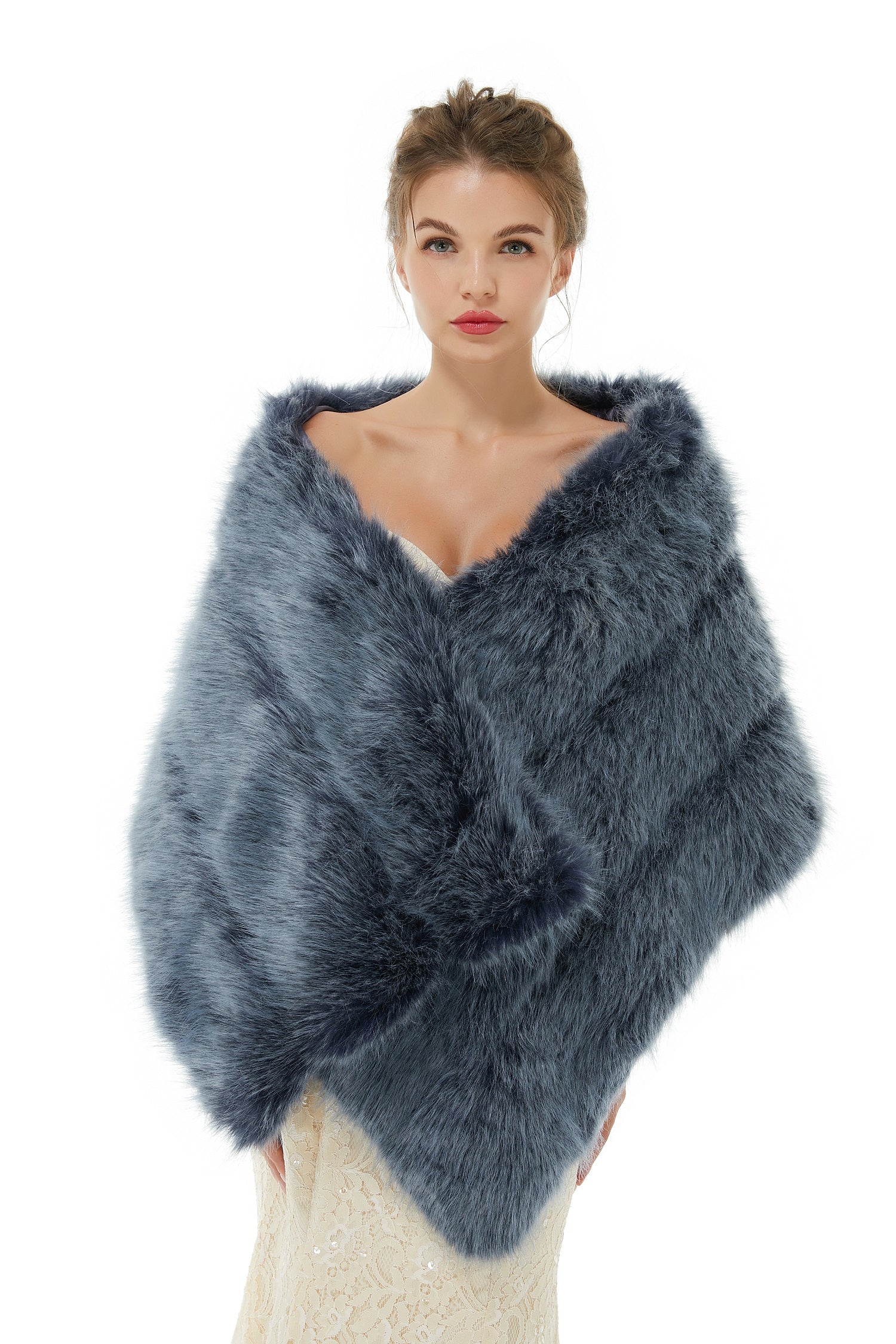 Modern Navy Blue Faux Fur Shawl Wrap for Winter Brides-BallBride