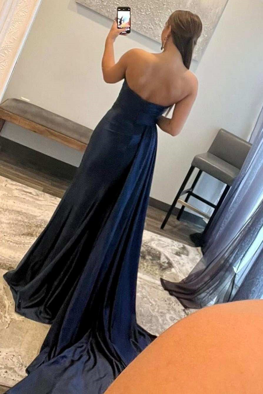 Modern Navy Blue Sweetheart Mermaid Prom Dress With Split Appliques and Pleats-BallBride