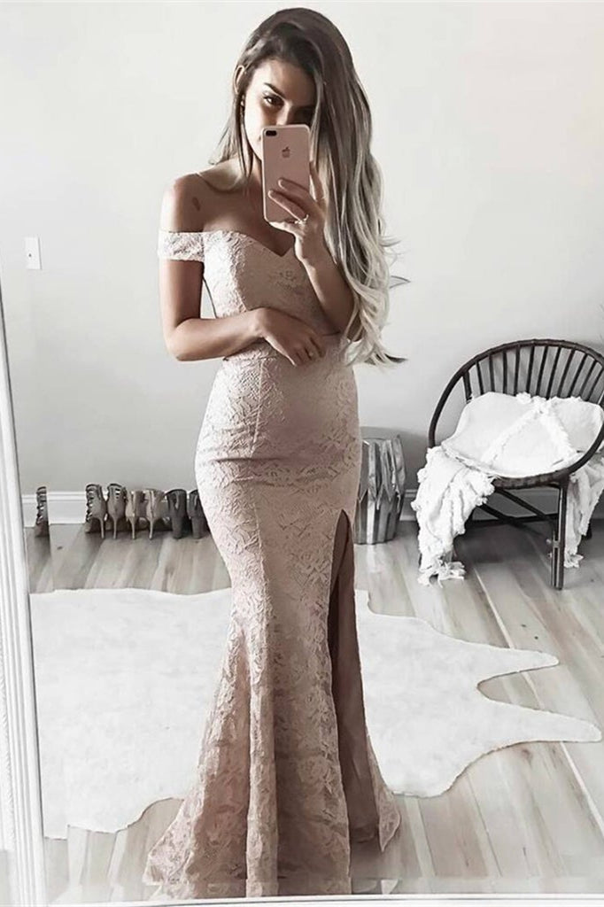 Modern Off-the-Shoulder Lace Mermaid Prom Dress with Split-BallBride