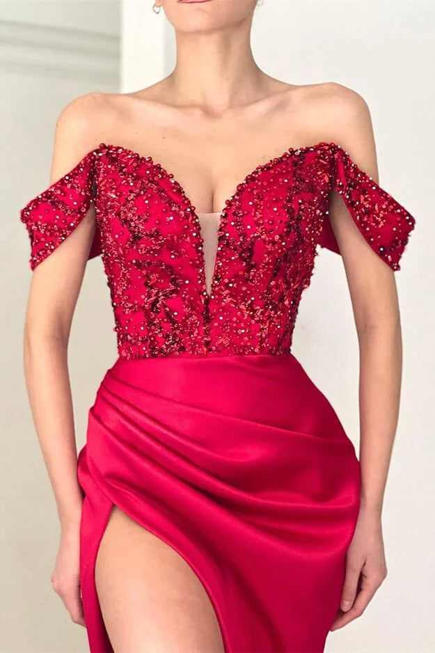 Modern Off-the-Shoulder Red Evening Dress Mermaid Slit With Beads-BallBride
