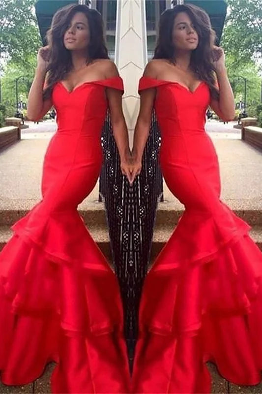 Modern Off-the-Shoulder Red Mermaid Evening Dress Ruffles-BallBride