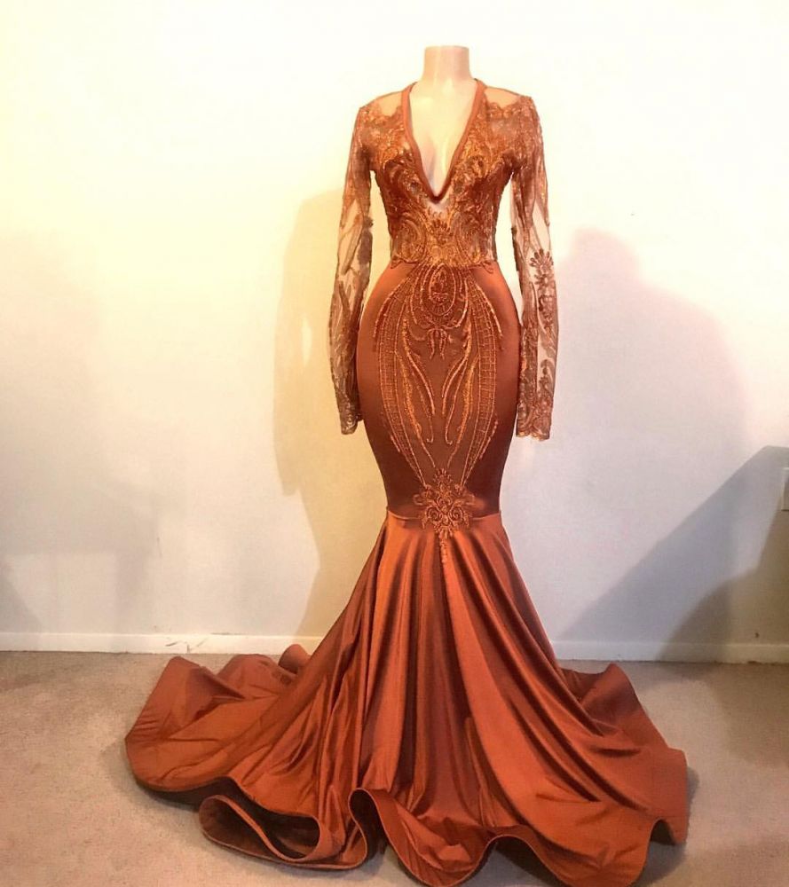 Modern Orange Long Sleeves Mermaid V-Neck Appliques Prom Dress-BallBride