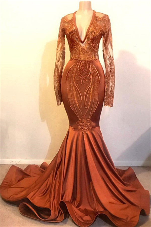 Modern Orange Long Sleeves Mermaid V-Neck Appliques Prom Dress-BallBride