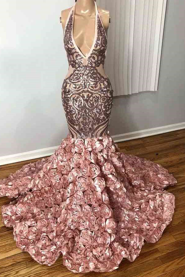 Modern Pink Halter Mermaid Prom Dress w/ Flowers Bottom-BallBride