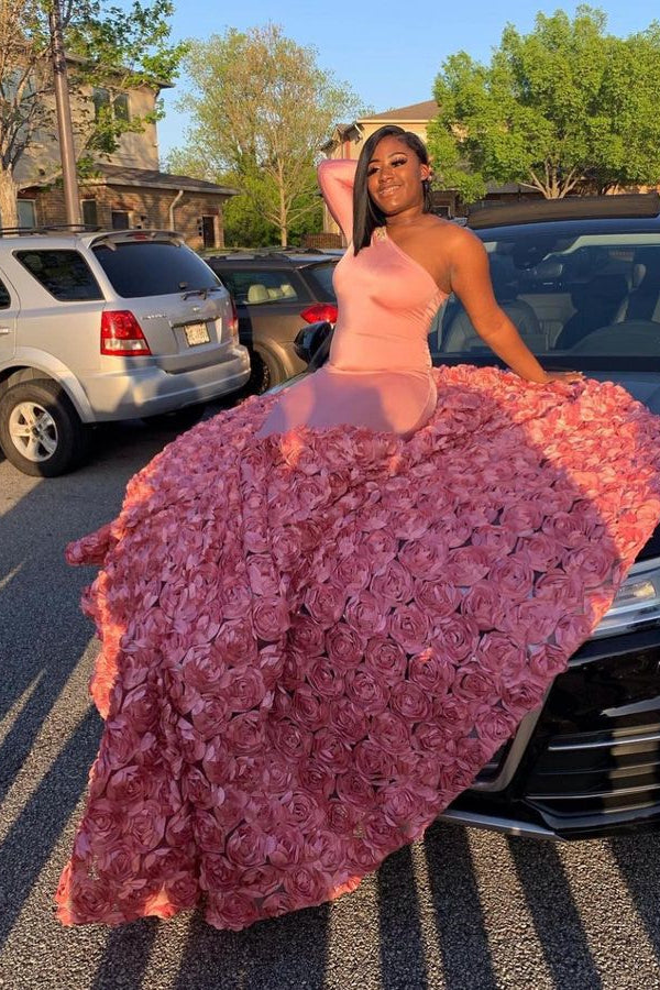 Modern Pink One Shoulder Mermaid Prom Dress with Flower Bottom-BallBride