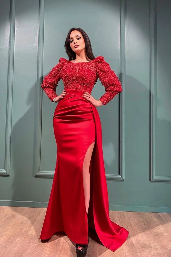 Modern Red Long Sleeves Mermaid Evening Party Gowns Split Long Ruffles With pearls-BallBride