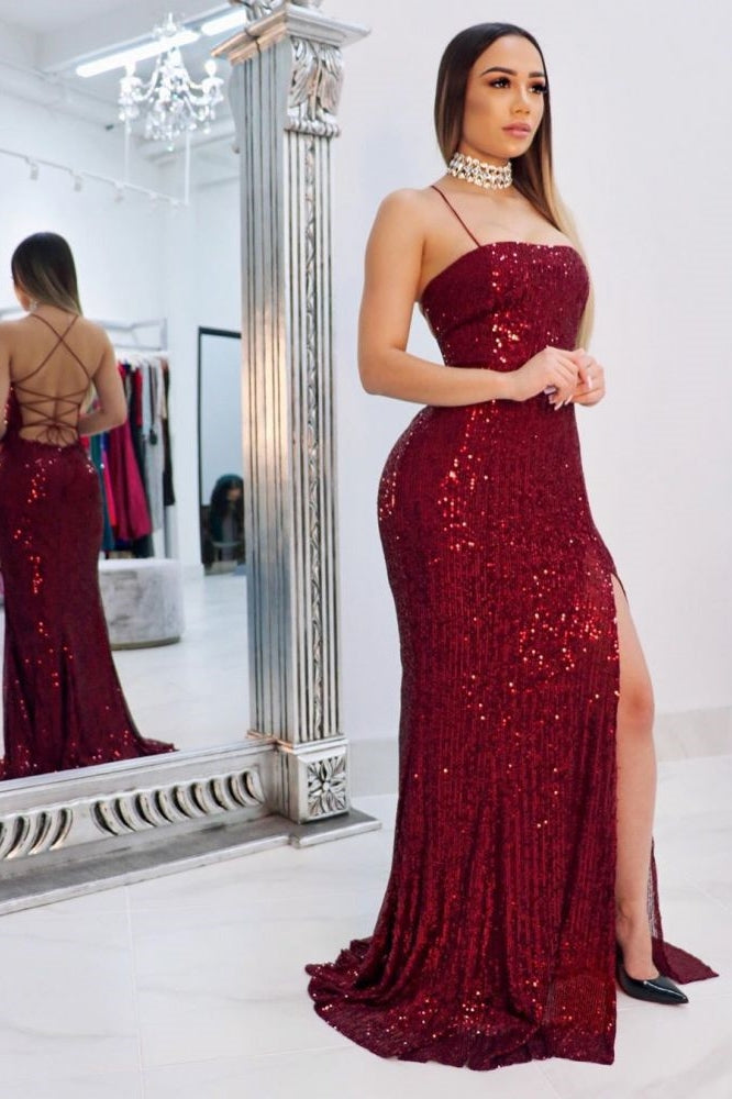 Modern Red Spaghetti Straps Open Back Side Slit Sequins Prom Dress-BallBride