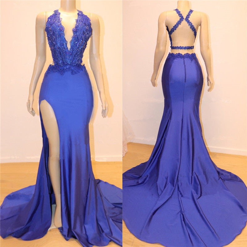 Modern Royal Blue Appliques V-Neck Open Back Mermaid Prom Dress-BallBride