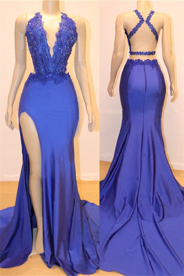 Modern Royal Blue Appliques V-Neck Open Back Mermaid Prom Dress-BallBride