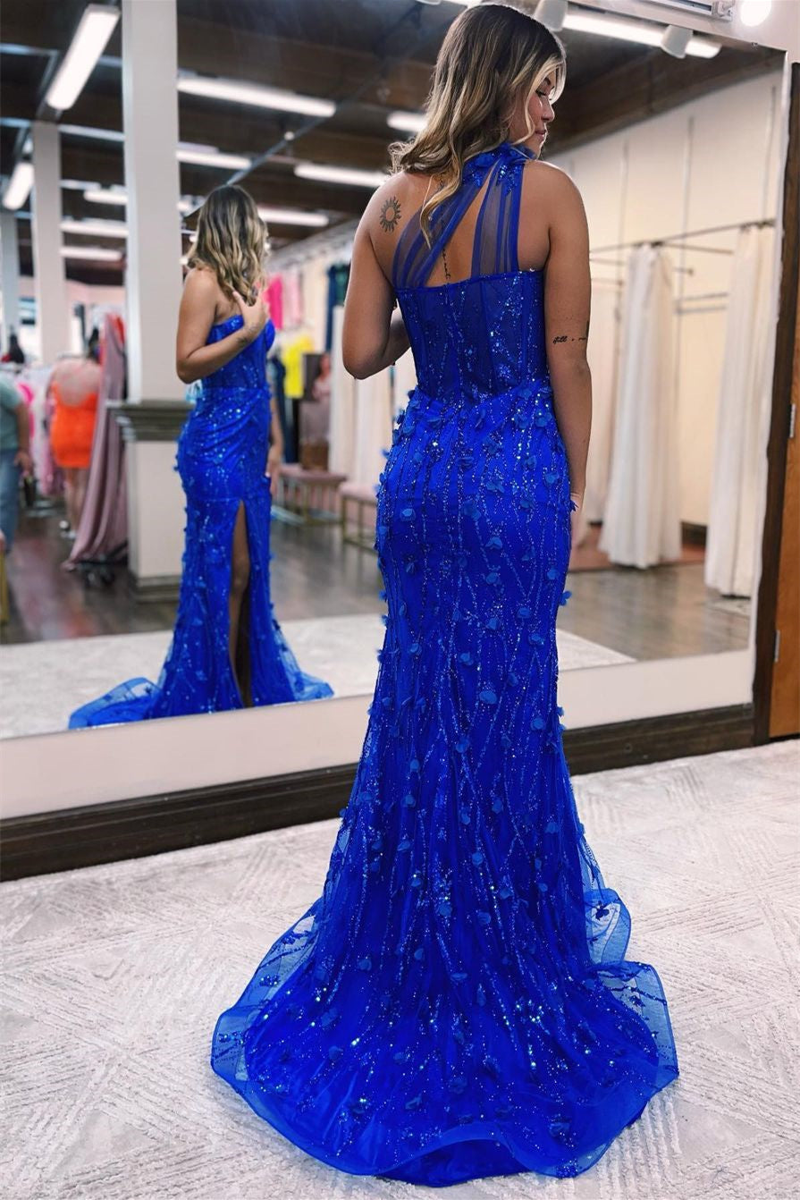Modern Royal Blue One Shoulder Prom Dress With Beadings and Mermaid Split-BallBride