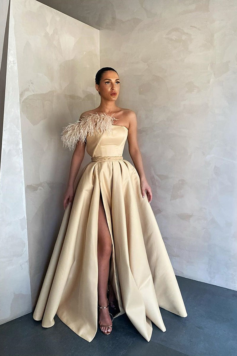 Modern Strapless Long Prom Dress with Front Slit and Feather Detail-BallBride
