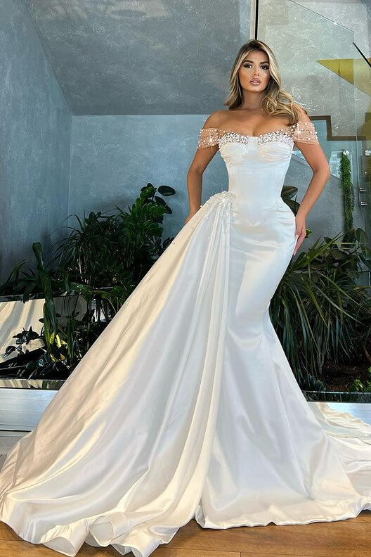 Modern White Off-the-Shoulder Evening Dress with Mermaid Ruffles and Pearls-BallBride