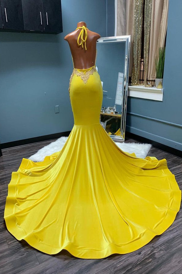 Modern Yellow Halter V-Neck Mermaid Prom Dress With Appliques Backless-BallBride