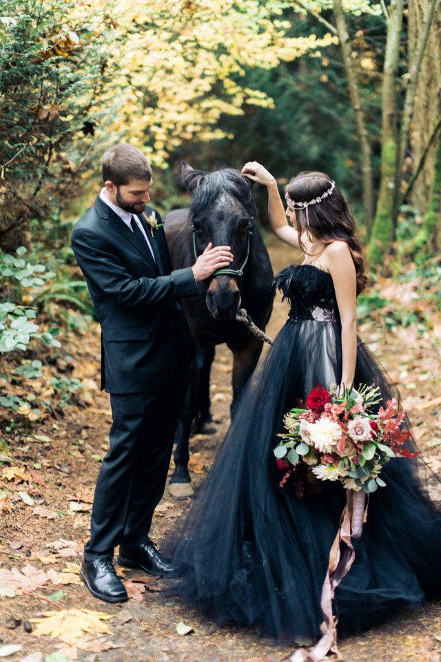 Modest Black A-line Strapless Tulle Long Wedding Dress With Appliques Lace-BallBride