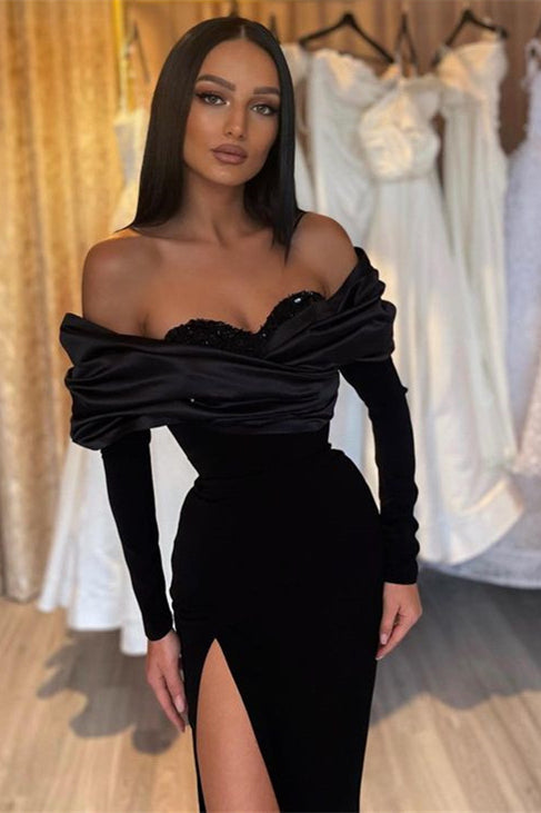 Modest Black Long Sleeves Prom Dress with Off-the-Shoulder and Mermaid Split-BallBride