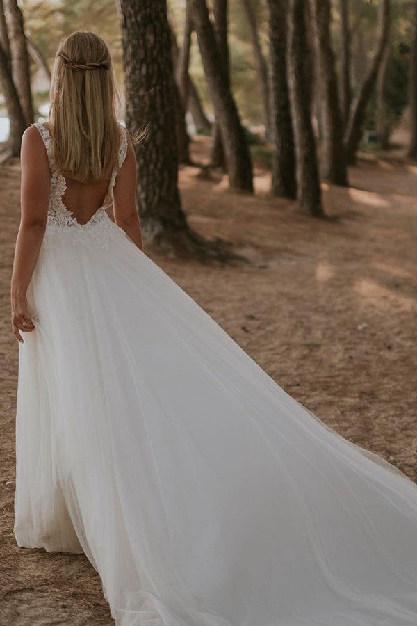 Modest Boho Long A-line V-neck Backless Lace Tulle Wedding Dress-BallBride