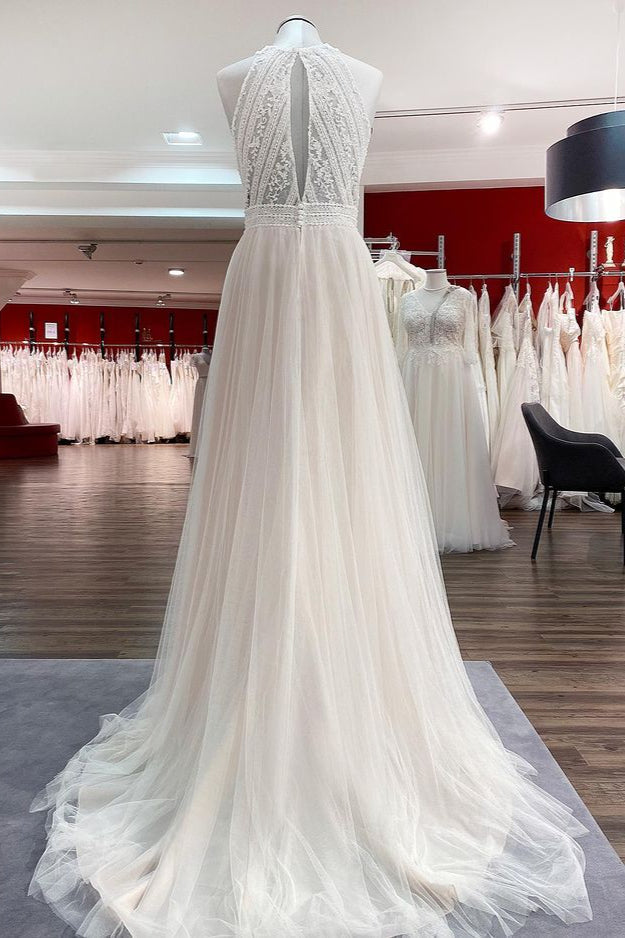 Modest Long A-line Halter Backless Wedding Dress With Tulle Lace-BallBride