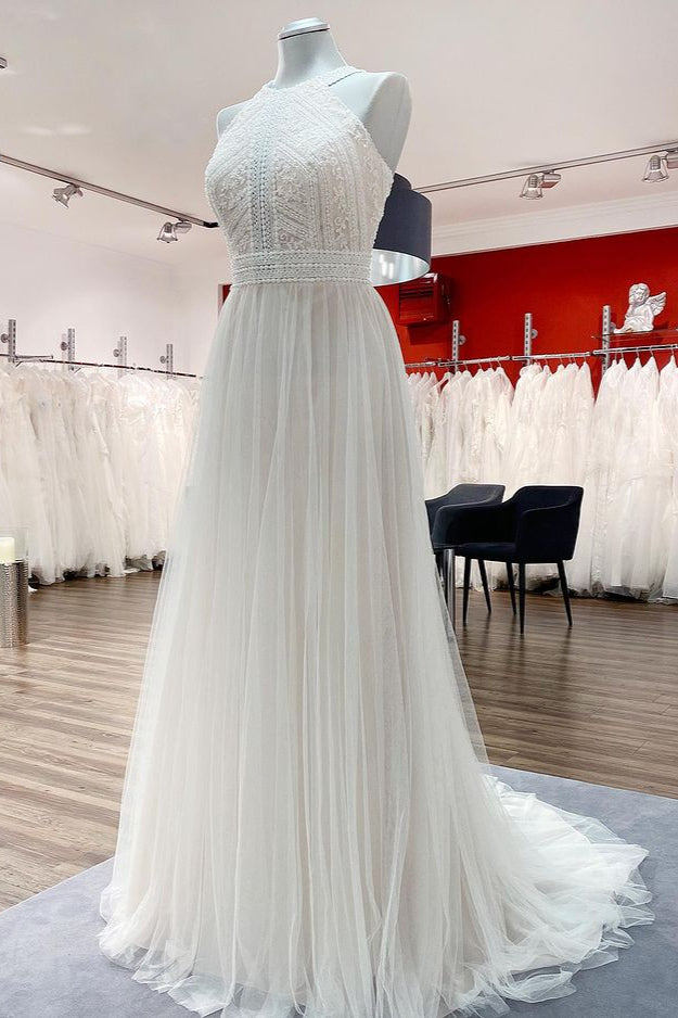 Modest Long A-line Halter Backless Wedding Dress With Tulle Lace-BallBride