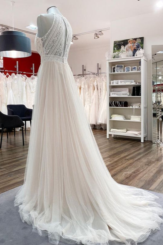 Modest Long A-line Halter Backless Wedding Dress With Tulle Lace-BallBride