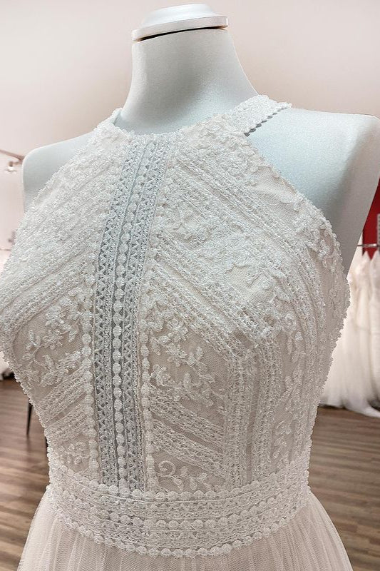 Modest Long A-line Halter Backless Wedding Dress With Tulle Lace-BallBride