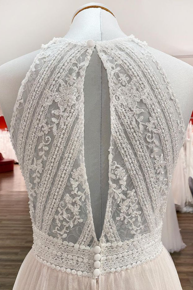 Modest Long A-line Halter Backless Wedding Dress With Tulle Lace-BallBride