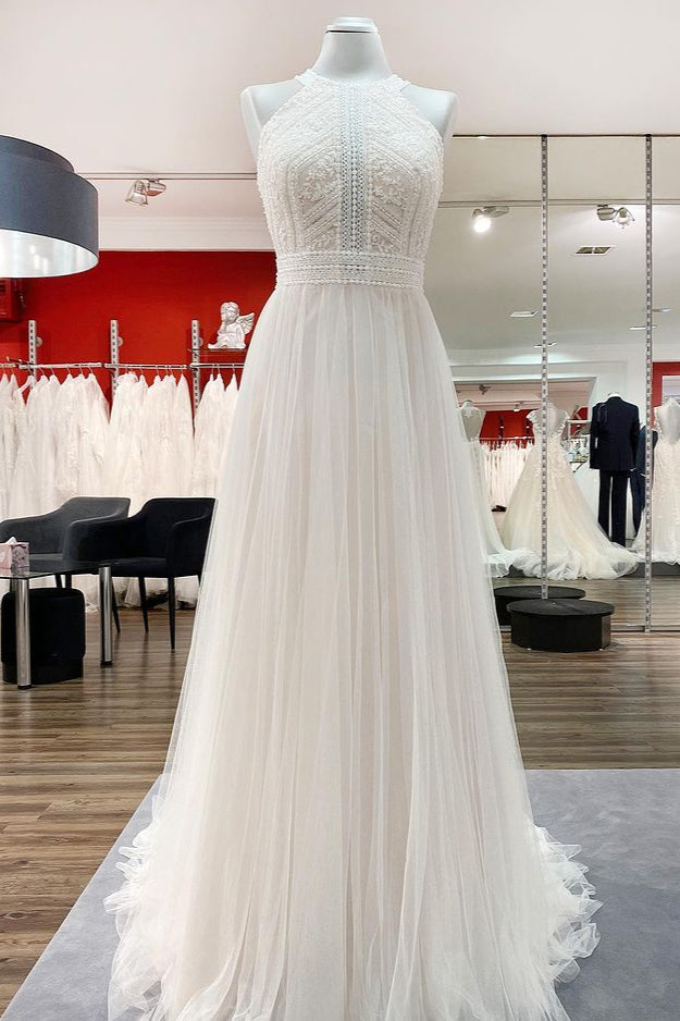Modest Long A-line Halter Backless Wedding Dress With Tulle Lace-BallBride