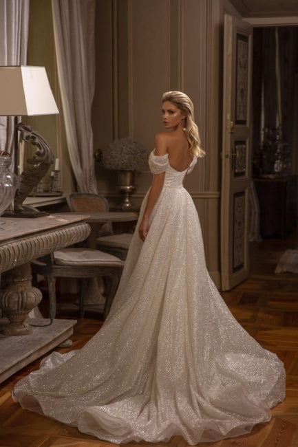 Modest Long A-line Off-the-shoulder Glitter Sleeveless Wedding Dresses-Ballbride
