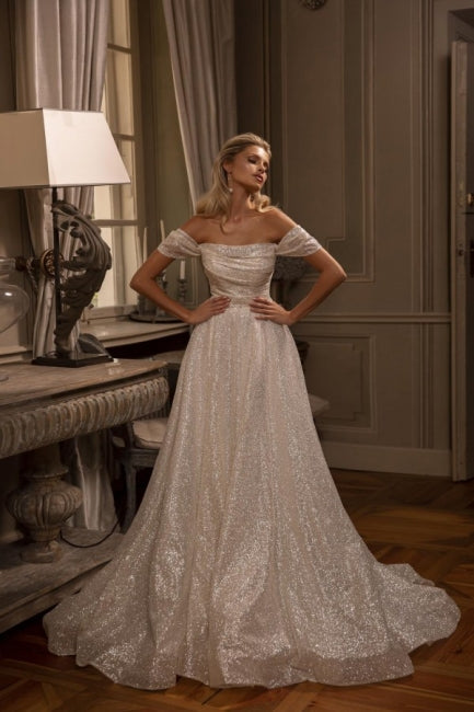Modest Long A-line Off-the-shoulder Glitter Sleeveless Wedding Dresses-Ballbride