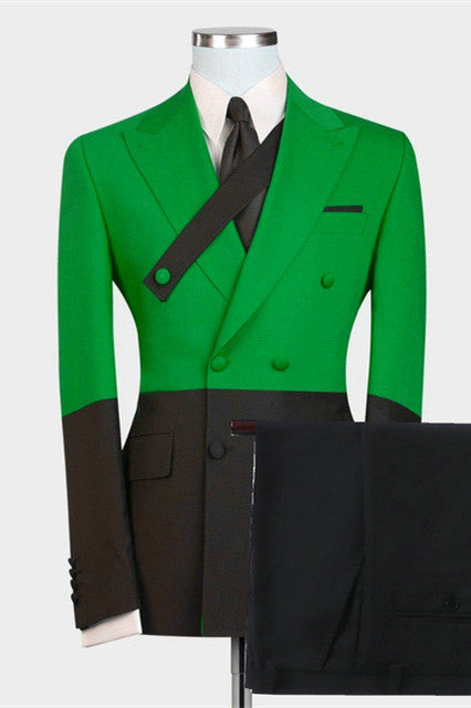 Morden Peaked Lapel Double Breasted Prom Suits - Green and Black-BallBride