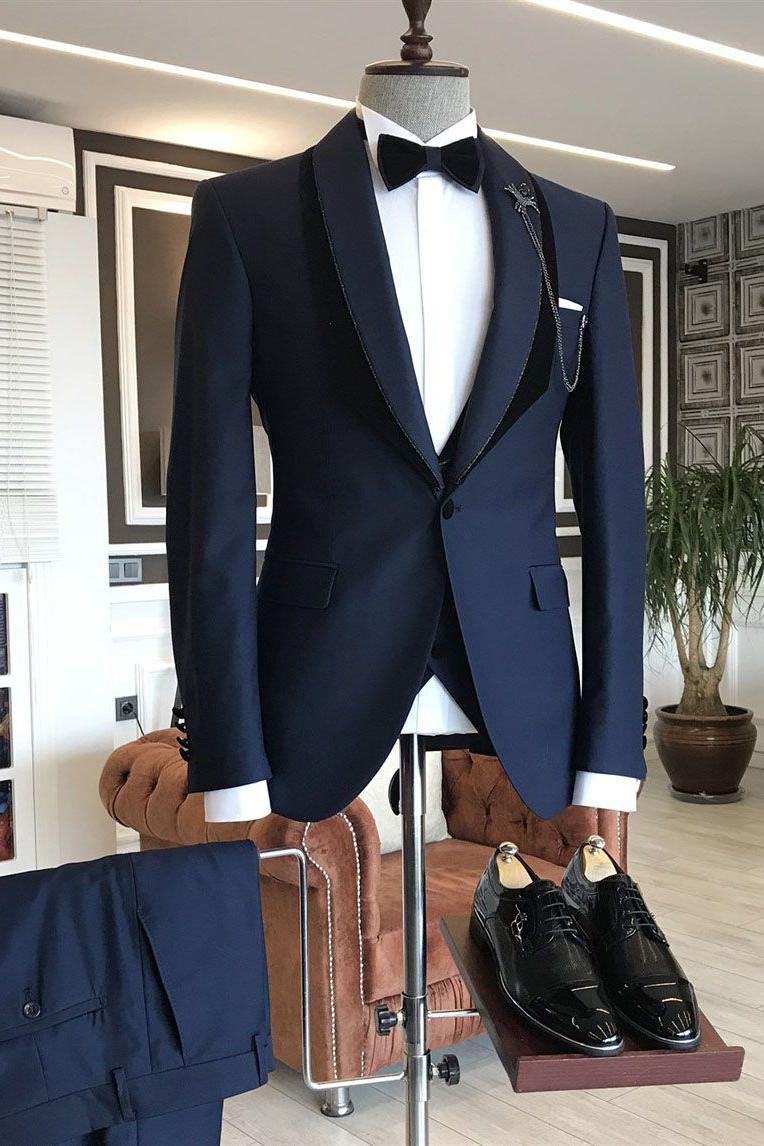 Navy Blue Lapel Shawl With One Button Wedding Suit from Gene Popular-BallBride